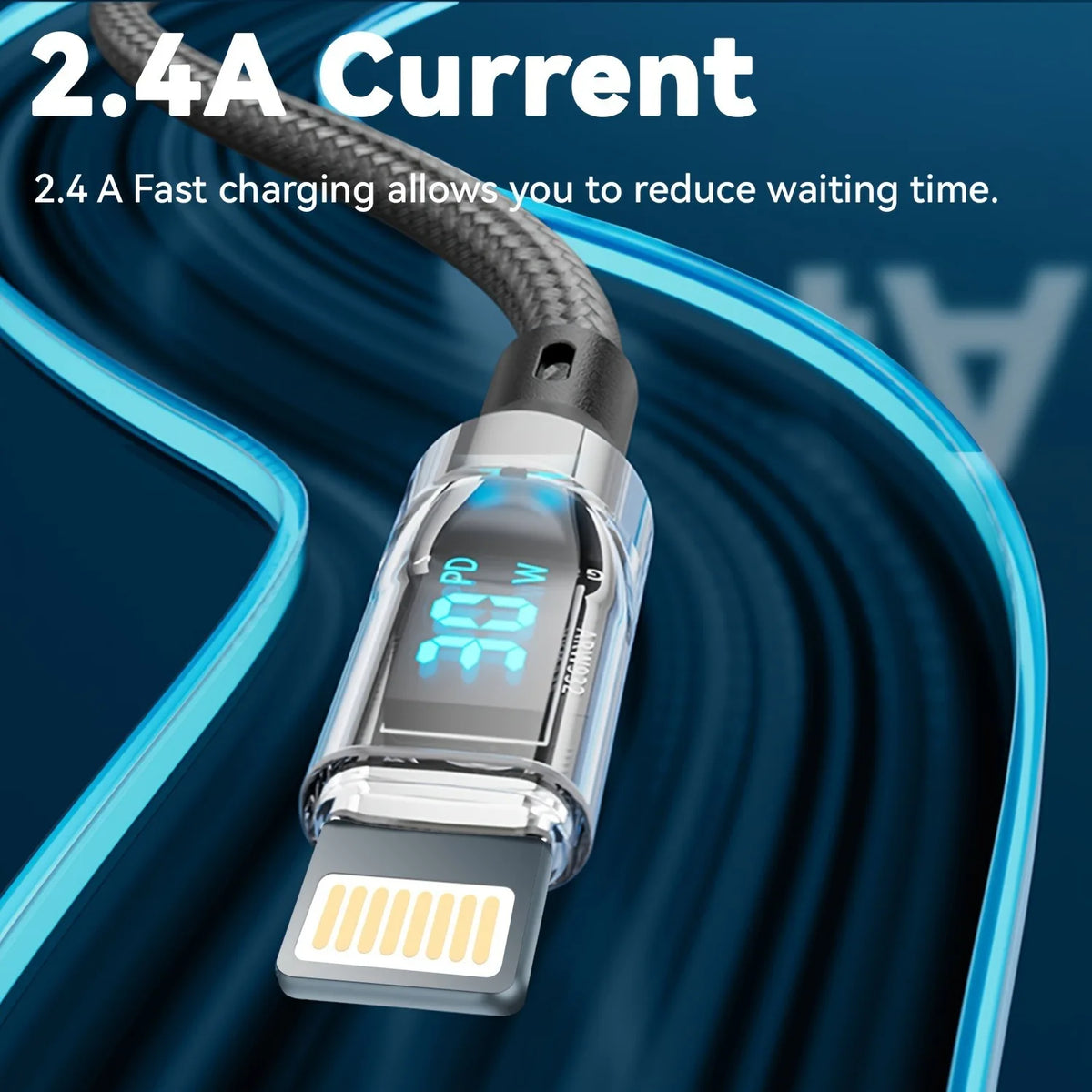Cable de carga rápida 27W para iPhone con pantalla LED transparente