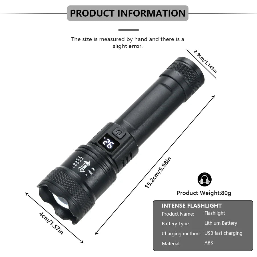 Linterna táctica LED 2000LM recargable con zoom (para apagones)