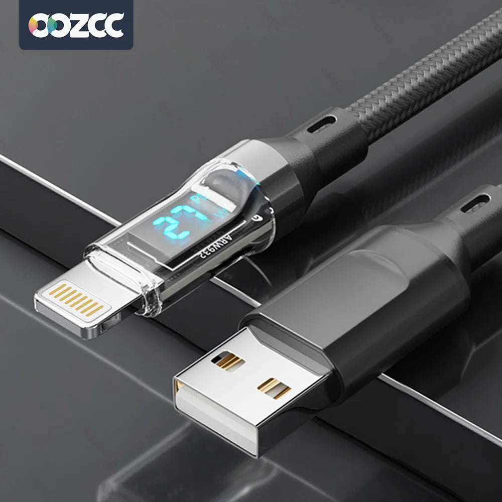 Cable de carga rápida 27W para iPhone con pantalla LED transparente
