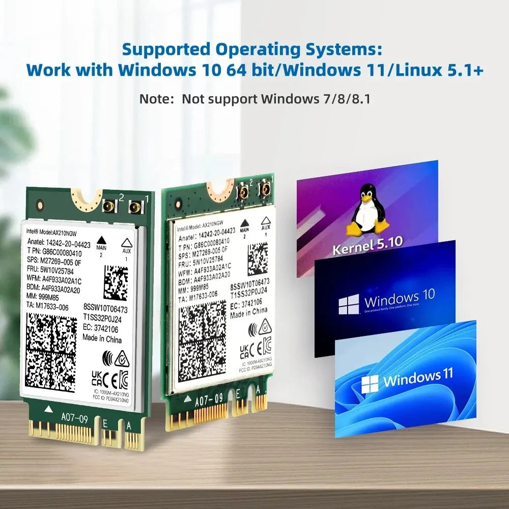 Tarjeta WiFi 6E Intel AX210 + Bluetooth 5.3 (M.2 para PC y laptop)