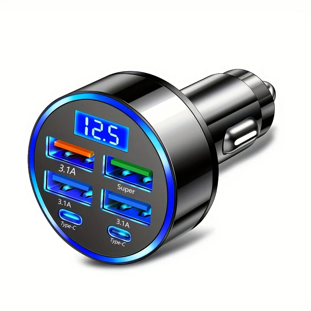 Cargador de carro 6 en 1 con pantalla (USB-C + USB-A, carga rápida)