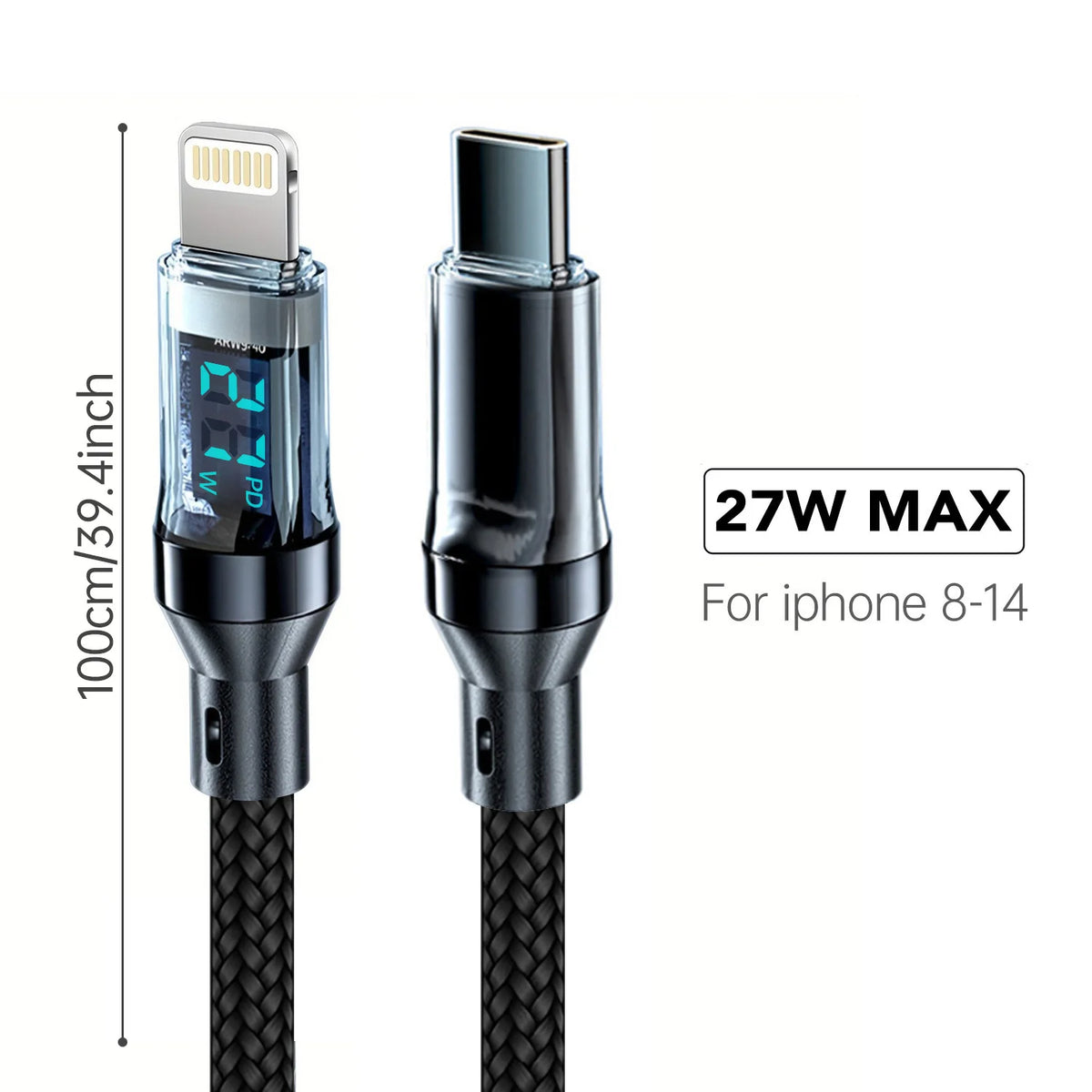 Cable de carga rápida 27W para iPhone con pantalla LED transparente