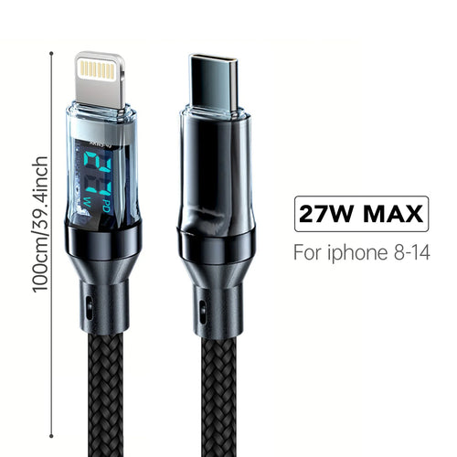 Cable de carga rápida 27W para iPhone con pantalla LED transparente
