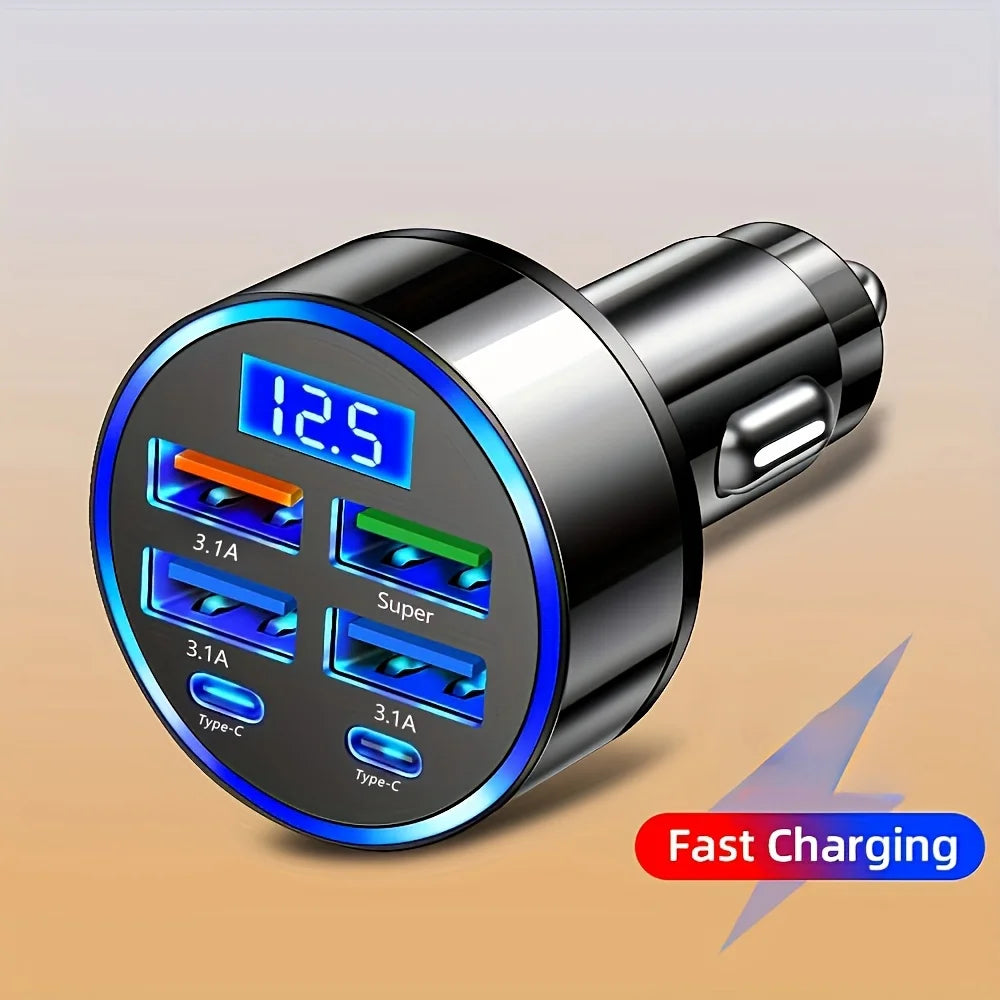 Cargador de carro 6 en 1 con pantalla (USB-C + USB-A, carga rápida)