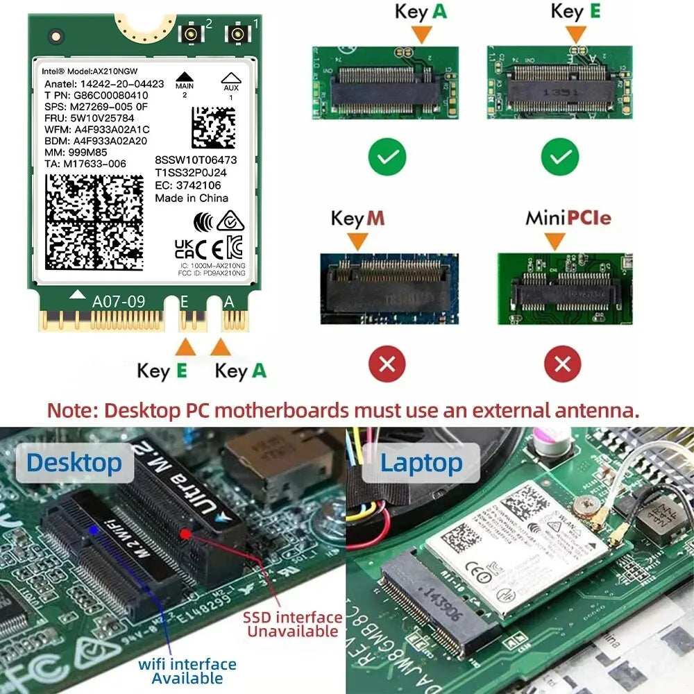 Tarjeta WiFi 6E Intel AX210 + Bluetooth 5.3 (M.2 para PC y laptop)