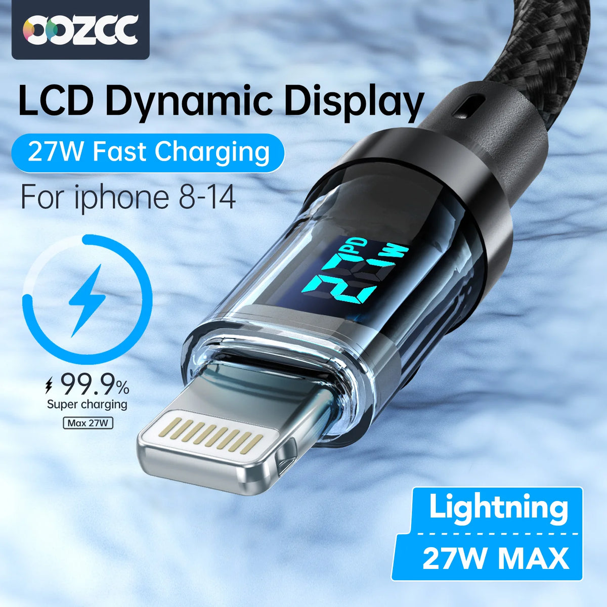 Cable de carga rápida 27W para iPhone con pantalla LED transparente