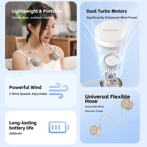 Abanico de cuello portátil recargable 1600 mAh (manos libres)