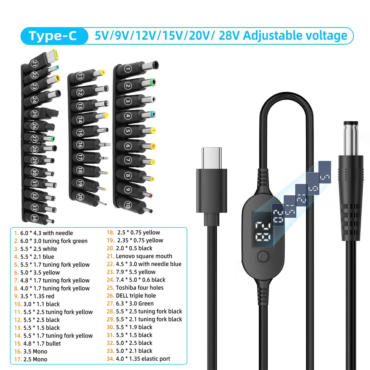 Cable USB-C a DC con voltaje ajustable (para routers y laptops)