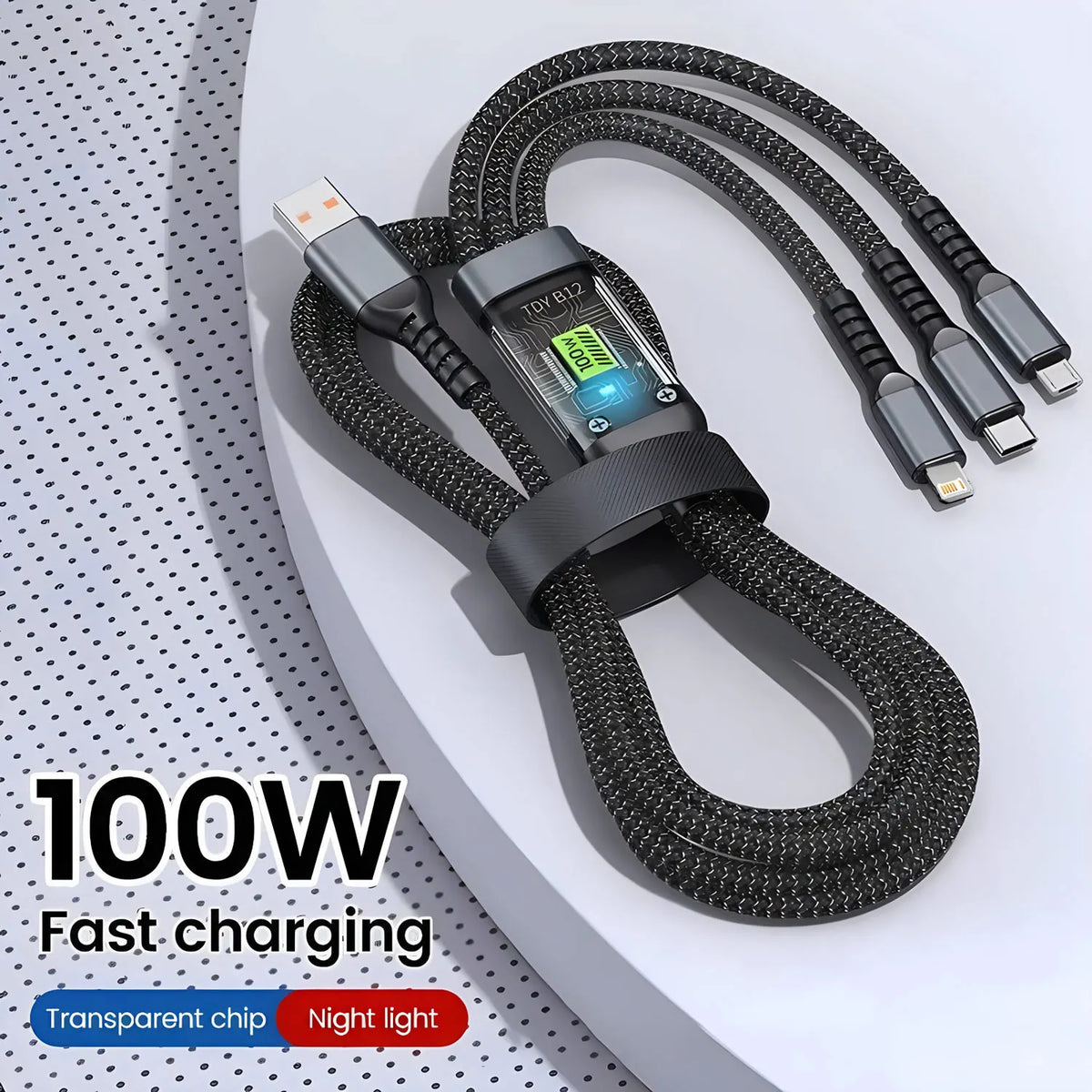 Cable 3 en 1 de carga rápida 100W (USB-C, Lightning y Micro USB)