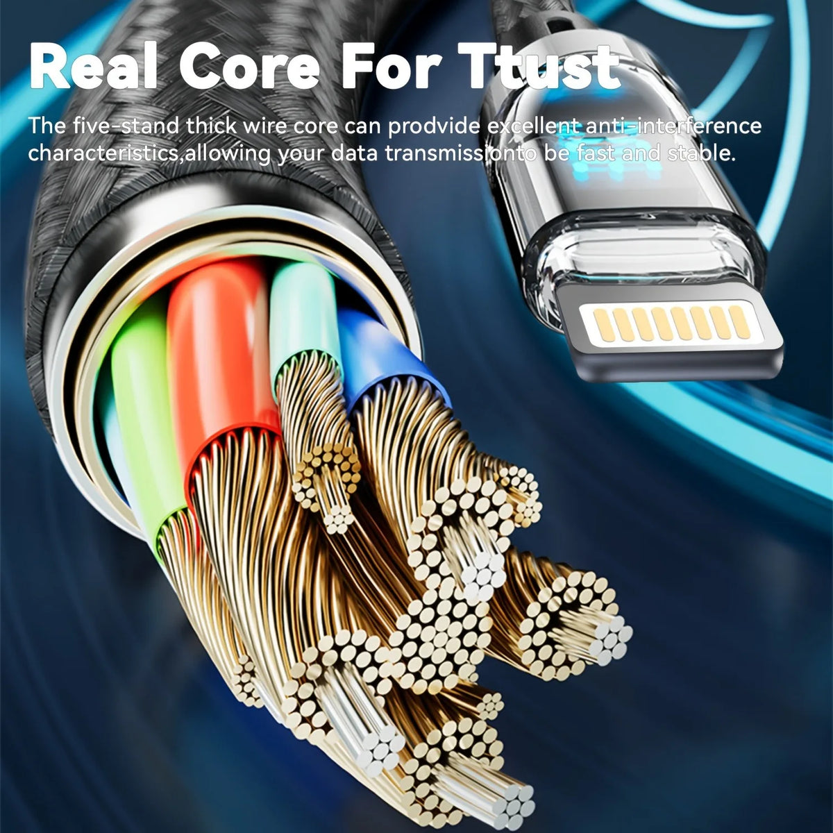 Cable de carga rápida 27W para iPhone con pantalla LED transparente