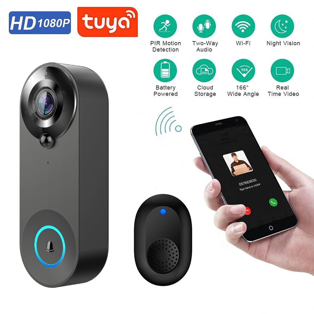 Timbre con cámara WiFi 1080P Tuya (visión nocturna e intercomunicador)