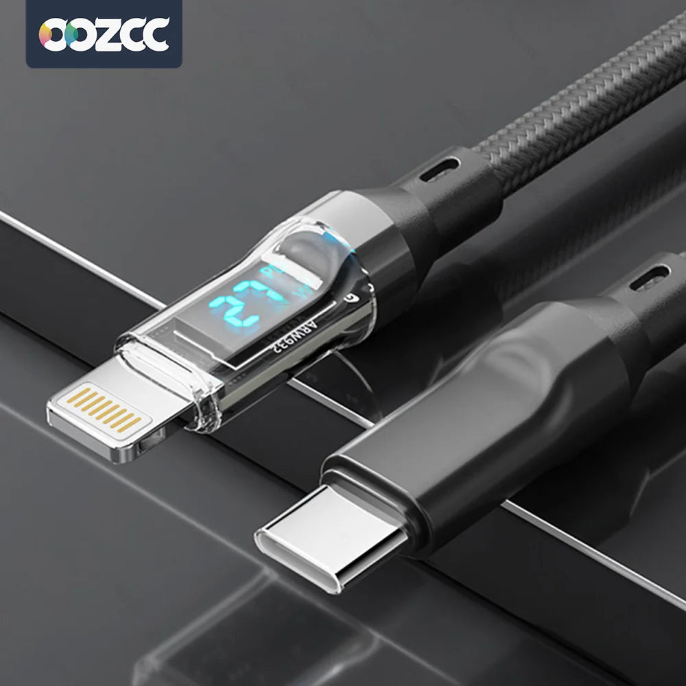 Cable de carga rápida 27W para iPhone con pantalla LED transparente