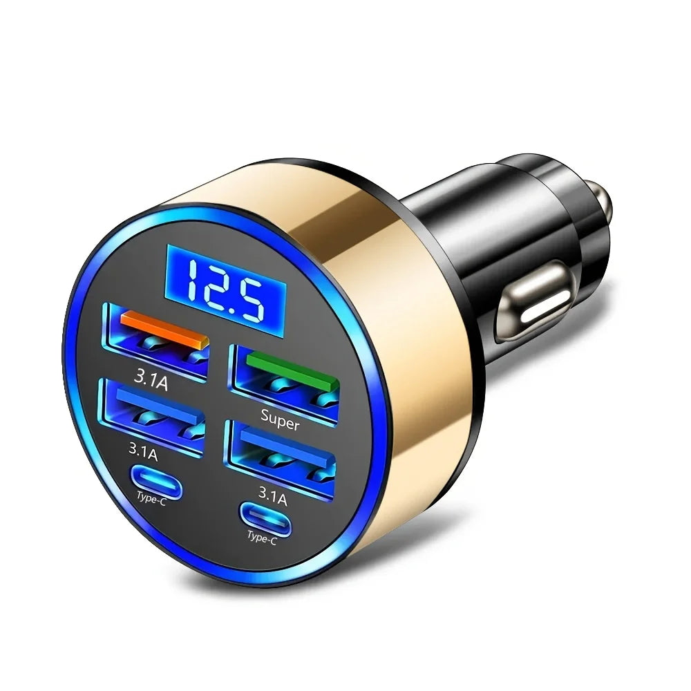 Cargador de carro 6 en 1 con pantalla (USB-C + USB-A, carga rápida)