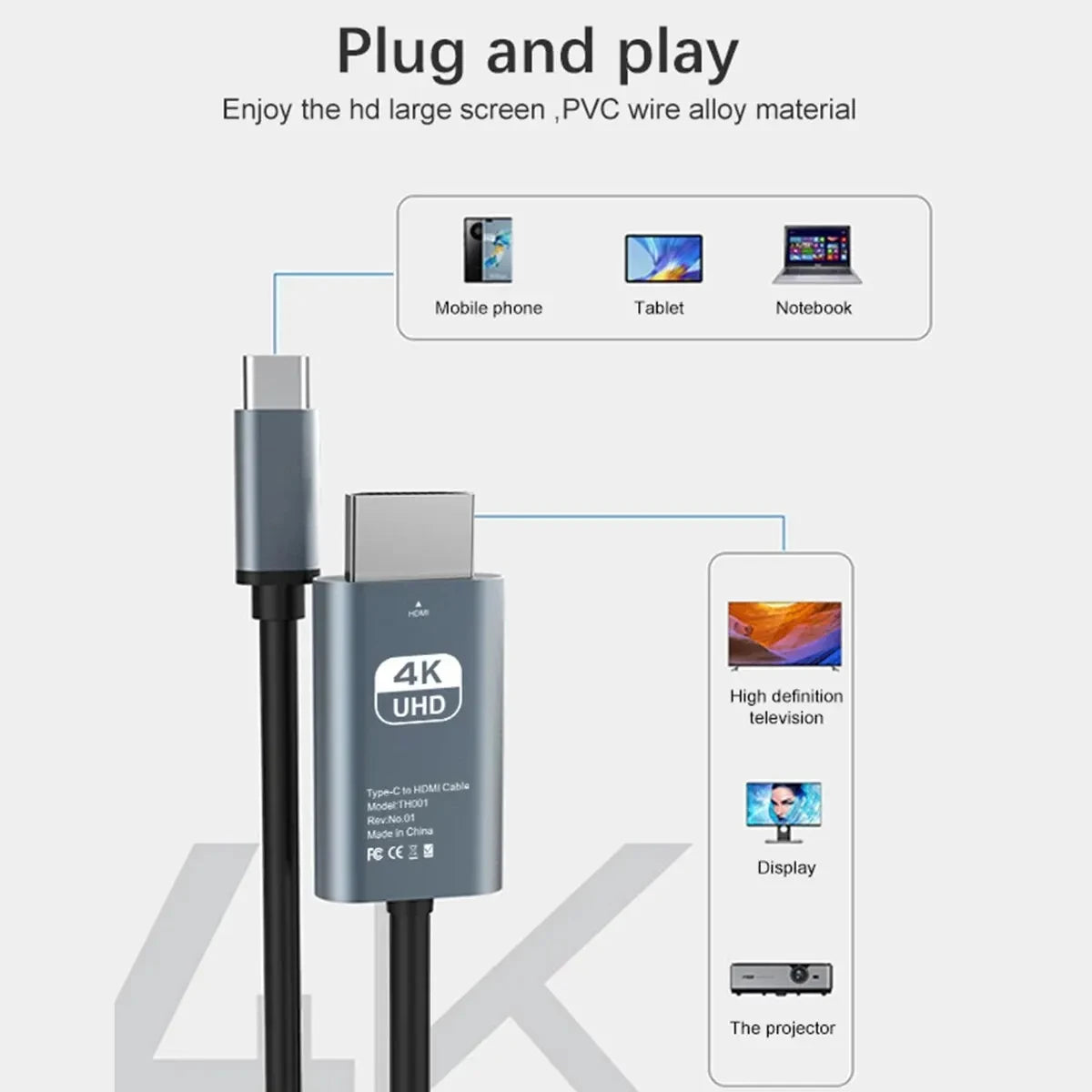 Cable USB-C a HDMI 4K de 2 m (laptop o celular a la tele)