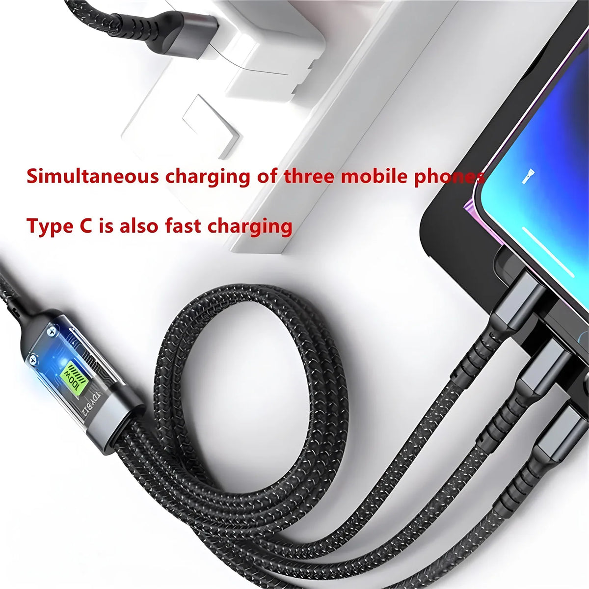 Cable 3 en 1 de carga rápida 100W (USB-C, Lightning y Micro USB)