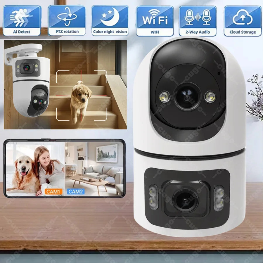 Cámara WiFi interior 8MP doble lente (bebés, mascotas y casa)