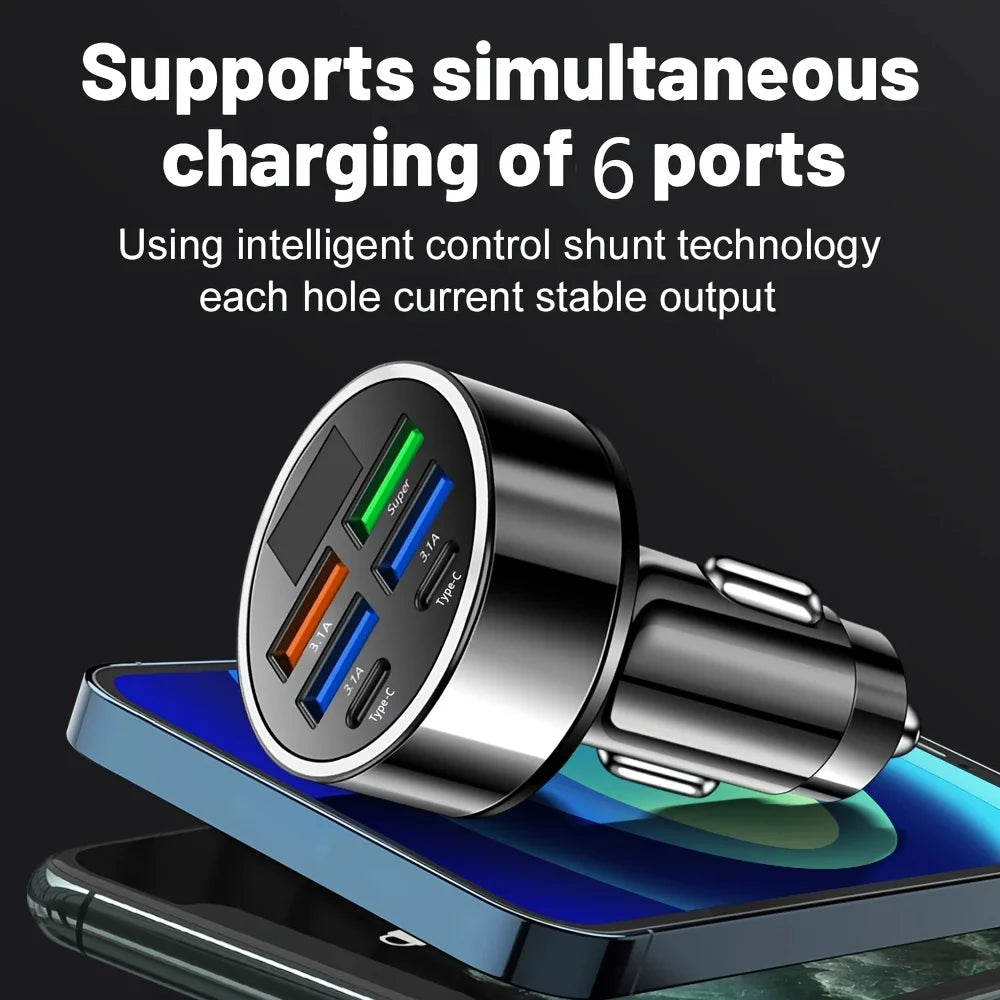 Cargador de carro 6 en 1 con pantalla (USB-C + USB-A, carga rápida)