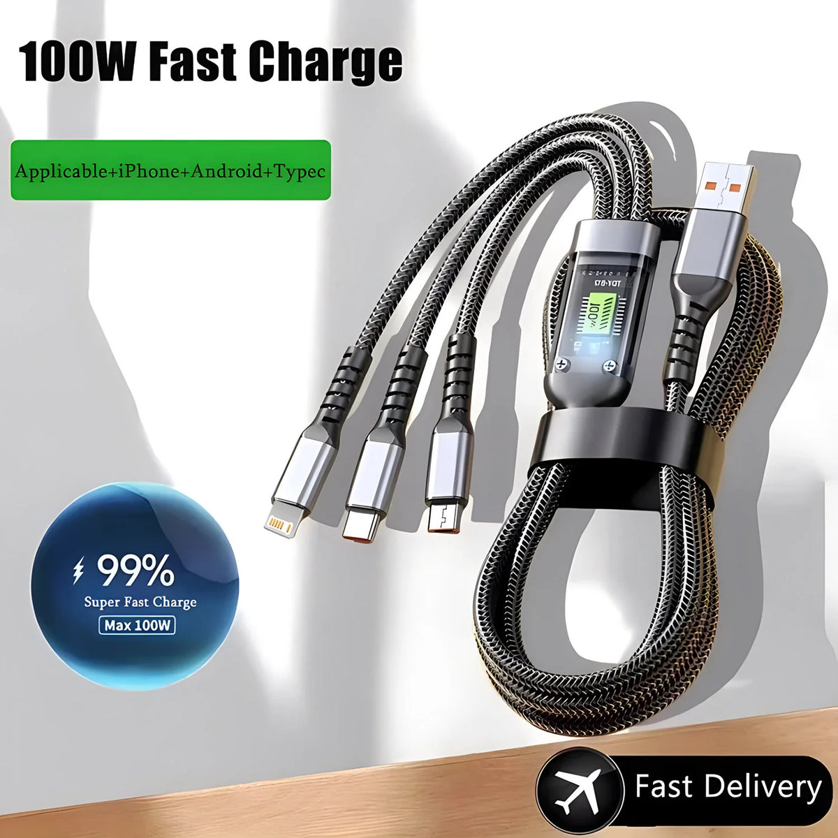 Cable 3 en 1 de carga rápida 100W (USB-C, Lightning y Micro USB)