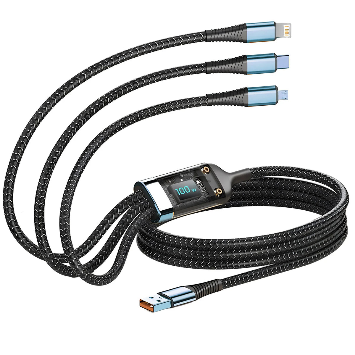 Cable 3 en 1 de carga rápida 100W (USB-C, Lightning y Micro USB)