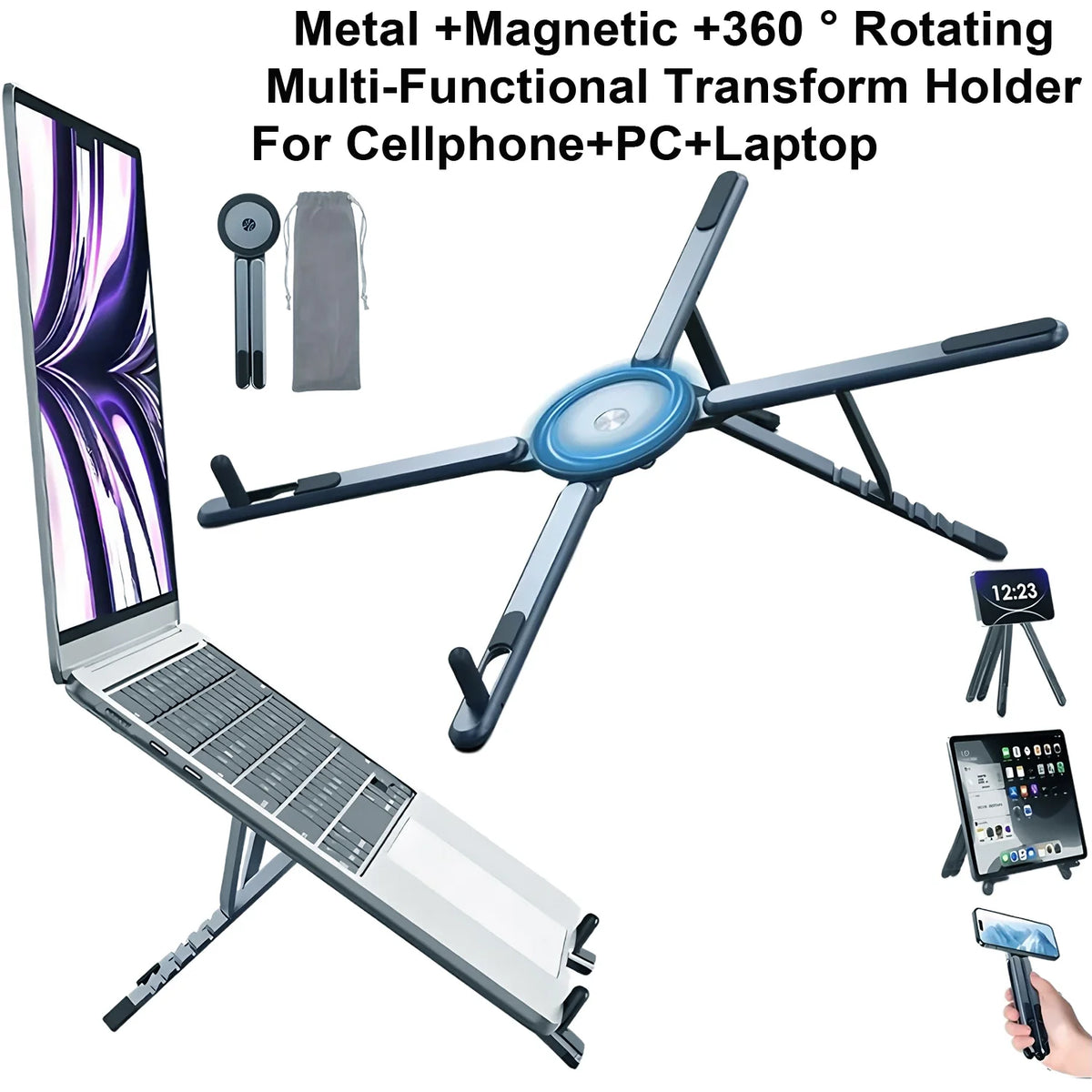 Soporte magnético 3 en 1: selfie stick, trípode y base para escritorio
