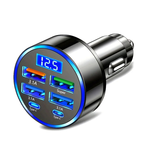 Cargador de carro 6 en 1 con pantalla (USB-C + USB-A, carga rápida)