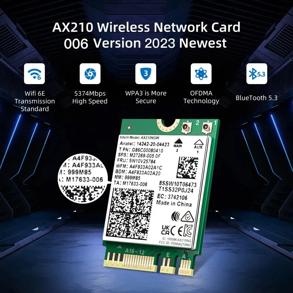 Tarjeta WiFi 6E Intel AX210 + Bluetooth 5.3 (M.2 para PC y laptop)